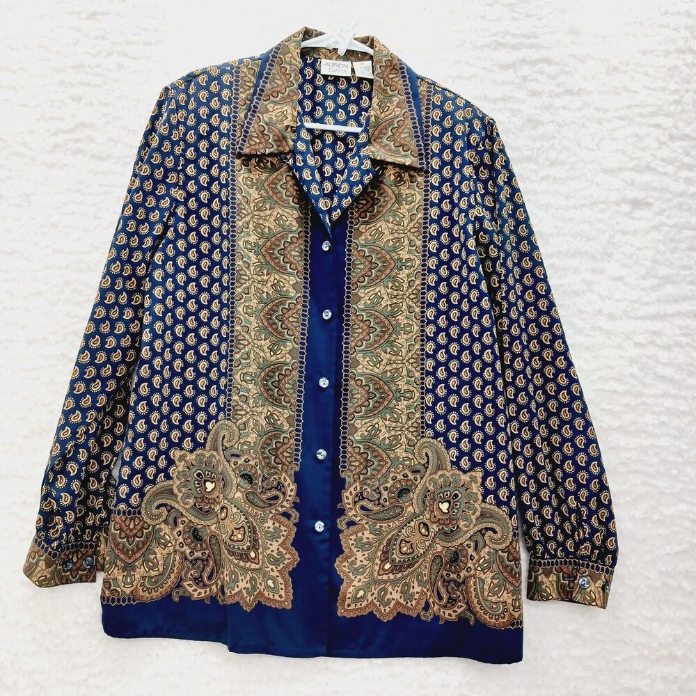 Blouse Button-Up Navy Brown Paisley Resort Y2K Mob Wife Vintage-Inspired Size 14